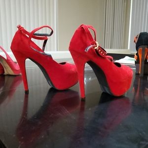 Strappy red platform pumps